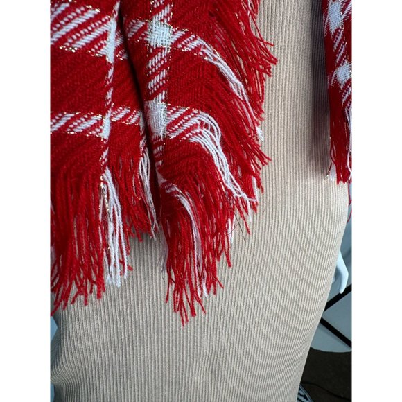 Red Plaid Scarf Shawl With Fringe 43" x 43" Polyester Blend - Picture 5 of 16